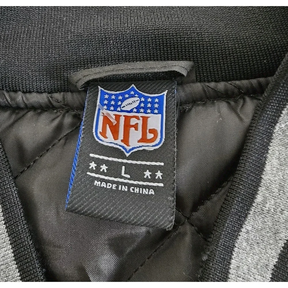 NFL Varsity Bomber Jacket Mens Large Black Gray Snap Front NFL Logo